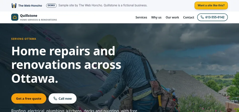 Sample website for the fictional Quillstone Home Services, desktop view: demo banner, header with phone number, hero with quote and call buttons.