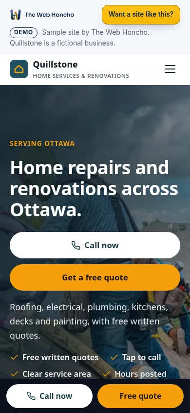 Sample website for the fictional Quillstone Home Services, mobile view with call and quote buttons and a sticky call and quote bar.